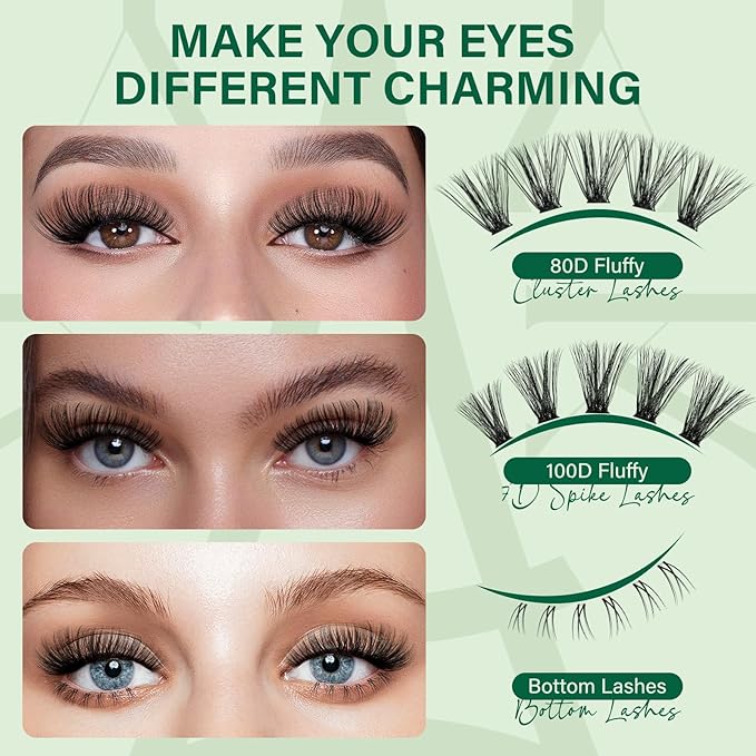 Lash Extension Kit with Bottom Lashes Mixed 5-18mm 80D 100D Eyelash Extension Kit Multi-Type Lash Clusters with Bond and Seal Applicator Remover DIY at Home