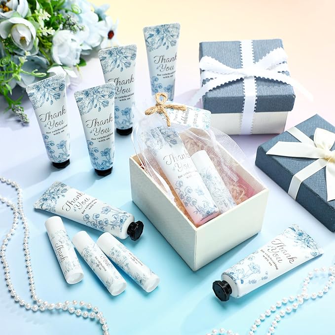 48 Sets 192 Pcs Baby Bridal Shower Hand Cream and Lip Balm Gift Baby Shower Wedding Party Favor Travel Size Hand Lotion and Lip Balm Bulk with Organza Bags Tags for Guests(Blue Flower)