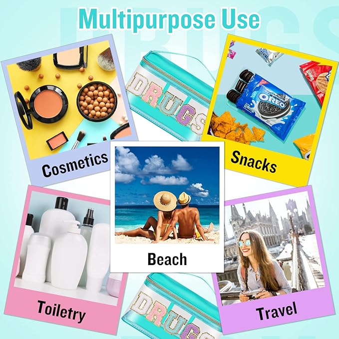 Chenille Letter Clear Makeup Bags Drugs Pouch, Preppy Patch Makeup Bag Zipper with Handle, Transparent PVC & Nylon Waterproof Glitter Cosmetic Handbag Travel Toiletry Storage for Women (DRUGS-Green)