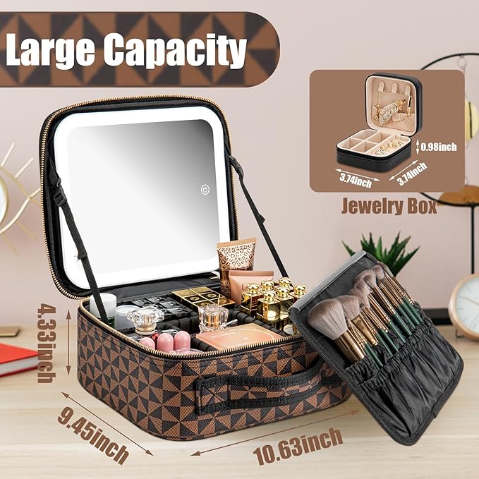 Makeup Travel Train Case with Mirror LED Light 3 Adjustable Brightness Cosmetic Bag Portable Storage Adjustable Partition Waterproof Makeup Brushes Makeup Jewelry Gift for Women