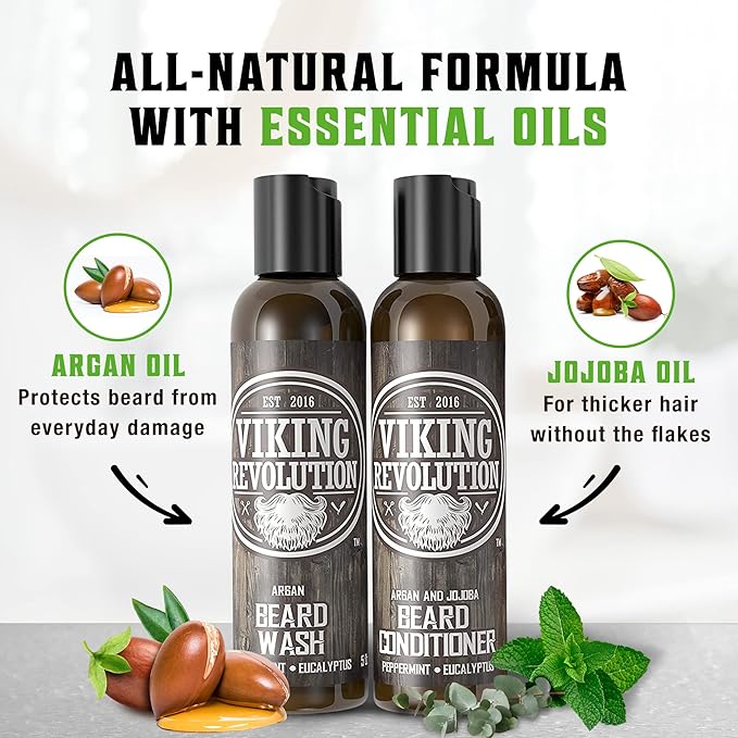 Viking Revolution Beard Care Set with Argan & Jojoba Oils - Softens, Smooths & Nourishes Facial Hair Growth - Peppermint and Eucalyptus Scented Wash & Conditioner (5 oz)