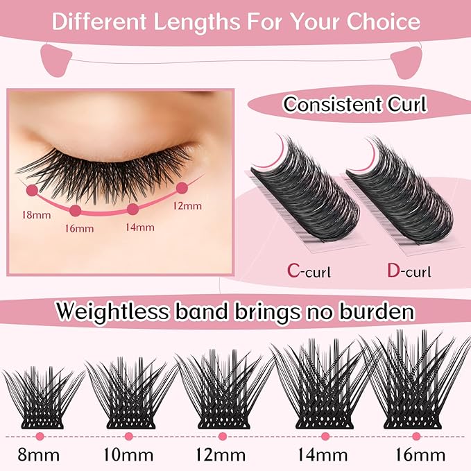 Lash Clusters, 72 Pcs Individual Cluster Lashes DIY Lash Extension 10-16mm Eyelash Clusters Volume Wispy Lashes Super Thin Band Reusable Soft & Comfortable(Posh,D-14mm)