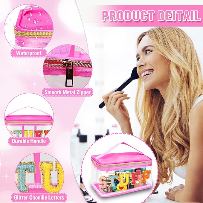 Chenille Letter Clear Makeup Bags Stuff Pouch, Preppy Patch Makeup Bag Zipper with Handle, Transparent PVC & Nylon Waterproof Glitter Cosmetic Handbag Travel Toiletry Storage for Women(STUFF-Rose)