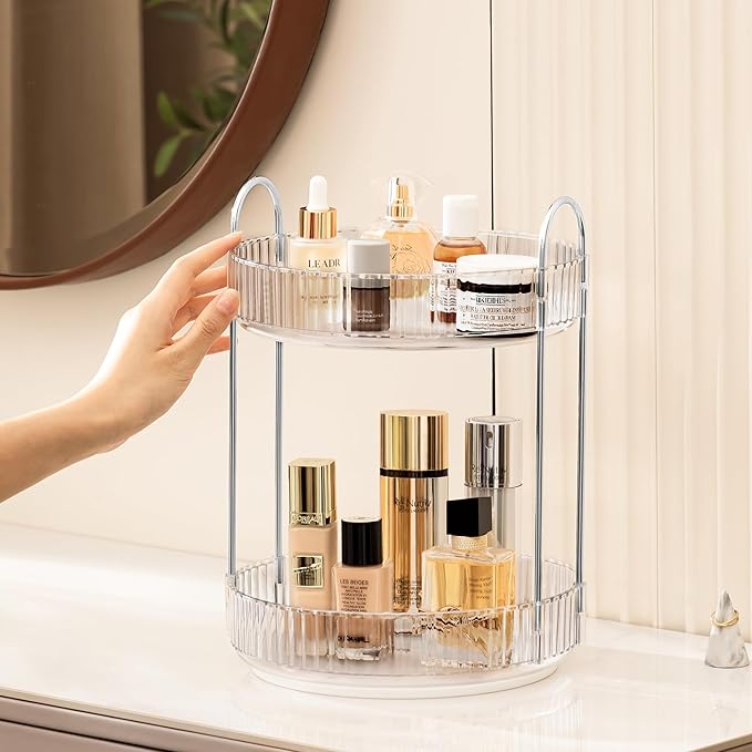 360 Rotating Makeup Organizer Countertop Clear 2 Tier Bathroom Organizer Spinning Perfume Organizers, Skincare Organizers Makeup Carousel with Silver Handle Cosmetic Brush Storage