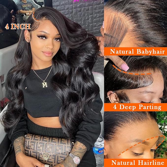34 Inch 13x4 HD Lace Front Wigs Human Hair Body Wave Lace Frontl Wigs Human Hair Pre Plucked 180% Density Glueless Wigs Human Hair With Natural Black Hairline Baby Hair For Women