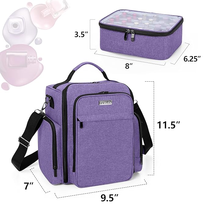 BAFASO Nail Polish Organizer Holds 48 Bottles (15ml - 0.5 fl.oz) and a Nail Lamp, Large Nail Polish Case with 2 Removable Pouches and Multiple Storage Sections (Patented Design), Purple