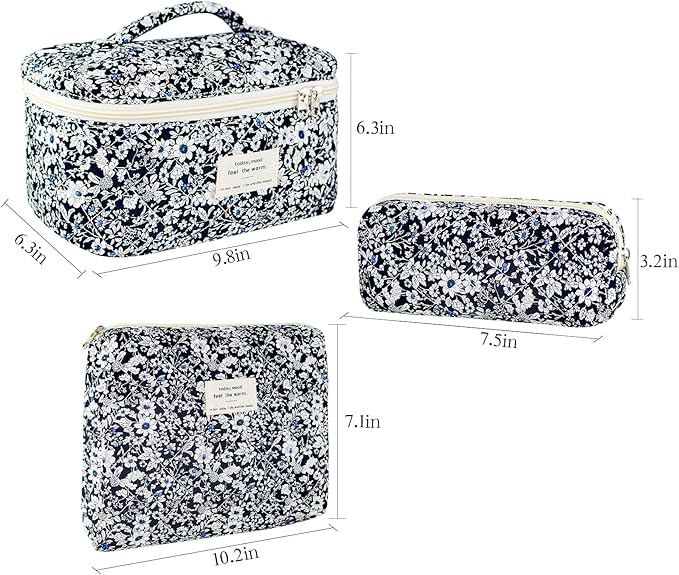 3Pcs Makeup Bag Cotton Quilted Travel Cosmetic Bag Cute Floral Makeup Pouch Large Toiletry Bag for Women Girls (Black Flowers)