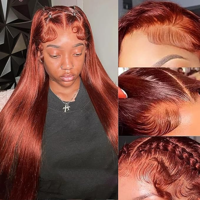 13x4 HD Lace Front Wigs Human Hair Reddish Brown Brazilian Unprocessed Straight Human Hair Lace Frontal Wig with Baby Hair Auburn Copper Colored Glueless Wigs for Women (Reddish Brown,26 Inch)
