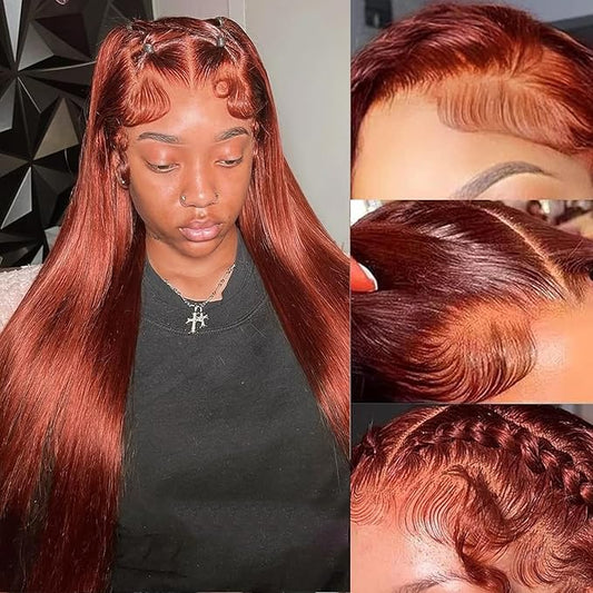 13x4 HD Lace Front Wigs Human Hair Reddish Brown Brazilian Unprocessed Straight Human Hair Lace Frontal Wig with Baby Hair Auburn Copper Colored Glueless Wigs for Women (Reddish Brown,26 Inch)
