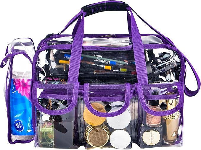 Wide Mouth Large Professional Clear PVC Travel Makeup Artist Set Bag Cosmetic Nails Beauty Bag Transparent Vinyl Tool Organizer Beach Bags Diaper Bags with 6 External Pockets & Strap (Purple)