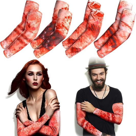 Eurzom 4 Pairs Zombie Bite Party Sleeves Halloween Arm Temporary Tattoo Sleeves Set for Women Scar Men Tattoo Covers