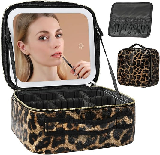 Travel Makeup Bag with LED Lighted Mirror, Cosmetic Makeup Organizer Bag with 3 Color Setting, Makeup Train Case with Adjustable Dividers for Women Makeup Brushes Jewelry Accessories