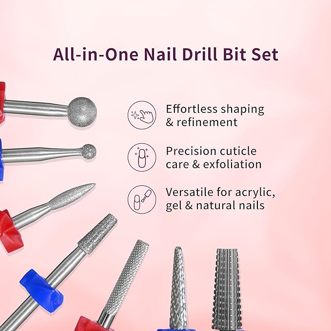 Delanie Professional Nail Drill Bit Set, 7 Pieces with Holder, Carbide and Diamond Bits, Model BS001