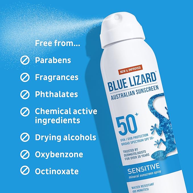 Blue Lizard Sensitive Mineral Sunscreen Spray SPF 50+, Dermatologist-Recommended Brand, Broad-Spectrum UVA/UVB Protection, Water-Resistant, Zinc Oxide Formula, 5 fl oz (Pack of 2)