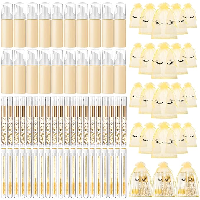 Zhehao 80 Pcs Lash Shampoo Bottle Brushes Kit 20 Foam Pump Dispensers 20 Lash Shampoo Brushes 20 Eyelash Aftercare Bag 20 Cleaning Pipes, Eyelash Extension Supplies(Gold)
