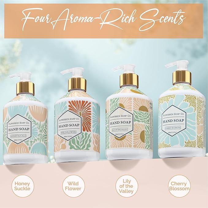 FlowerBox Liquid Hand Soap Set –Beautiful Pack of 4 Scented Pump Soaps –Bathroom & Kitchen Luxury Decorative 500ml Italian Mosaic Bottles–Meyers Refillable Dispensers–Works for Bath and Body Wash Gift