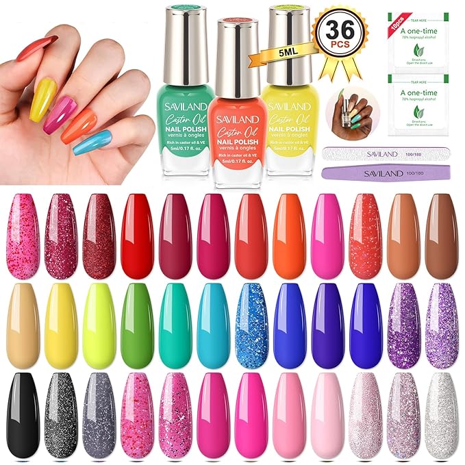 SAVILAND Nail Polish Set Fingernail Air-Dry: 36pcs Rainbow Colors Nail Polish Kit Glitter Regular Toenail Nail Polish with Base Top Polish Coat Nail Lacquer Acrylic Nail Set for Beginner Home DIY