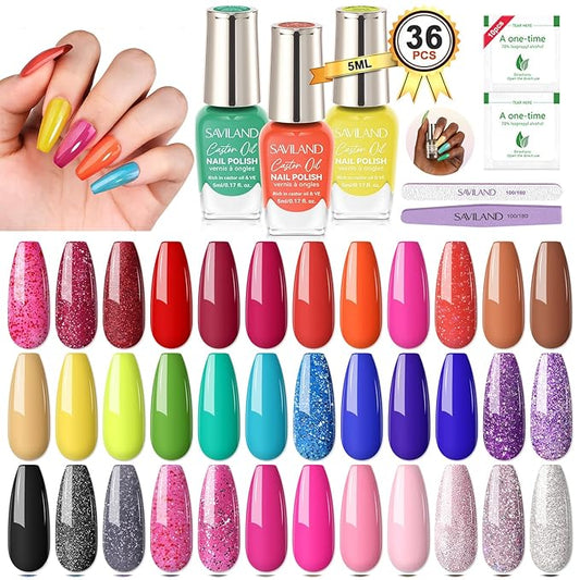 SAVILAND Nail Polish Set Fingernail Air-Dry: 36pcs Rainbow Colors Nail Polish Kit Glitter Regular Toenail Nail Polish with Base Top Polish Coat Nail Lacquer Acrylic Nail Set for Beginner Home DIY