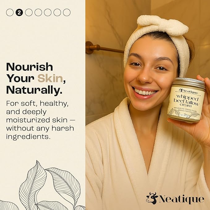 100% Grass Fed Beef Tallow for Skin Care by Neatique | Face & Body | Whipped Moisturizer for Skin | with Organic Beeswax & Organic Honey Balm | All Natural Formula, 2.13oz (Unscented)