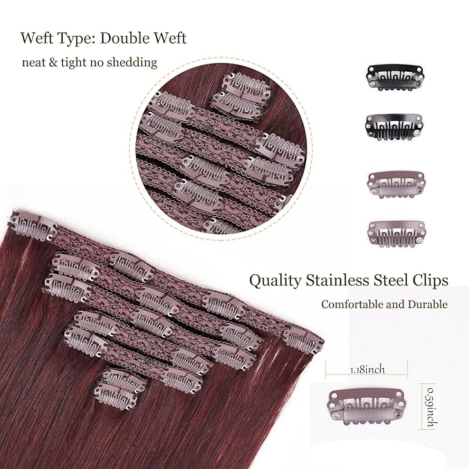 Burgundy Red Clip in Hair Extensions Real Human Hair,70G 7Pcs #99J Wine Red Human Hair Clip in Extensions 18Inch