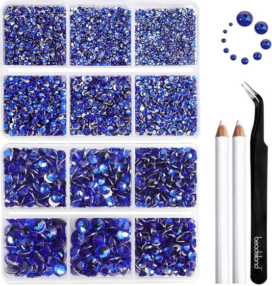 Beadsland 8300PCS Flatback Rhinestones, Royal Blue Rhinestone Round Crystal Rhinestones for Crafts, Mixed 10 Sizes with Wax Pencil and Tweezer Kit, SS3-SS30, Sapphire