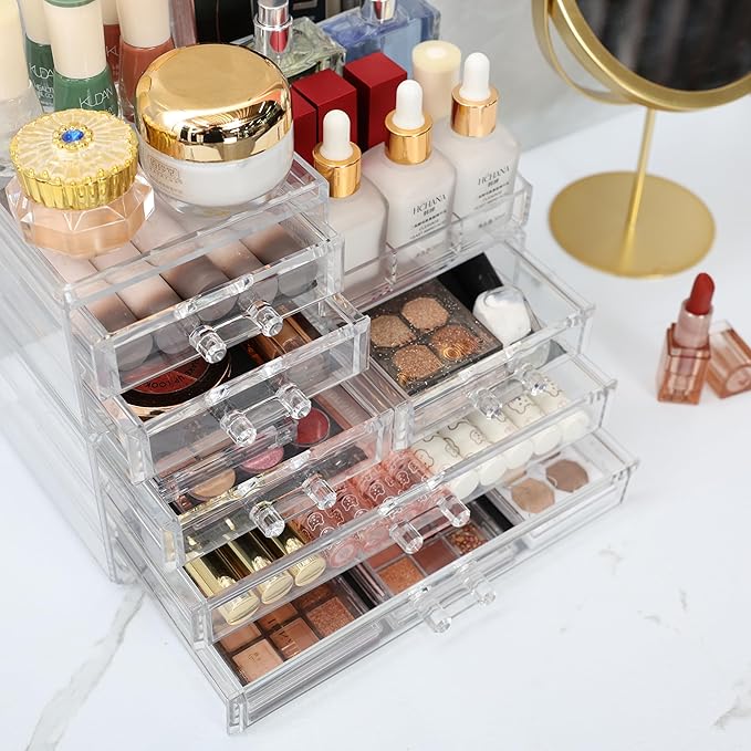 Cq acrylic Make Up Organizers for Vanity With 6 Drawers, 2 Pack Clear Drawer Organizers,Plastic Cute Desk Accessories Organization and Bathroom Organizers Storage Case Box Cube for Beauty,Skin Care