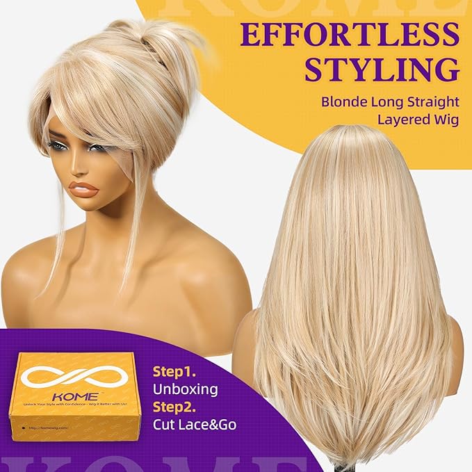 Blonde Synthetic Lace Front Wig,13X6 Long Straight Layered Glueless Wigs for Women Daily Use 22IN