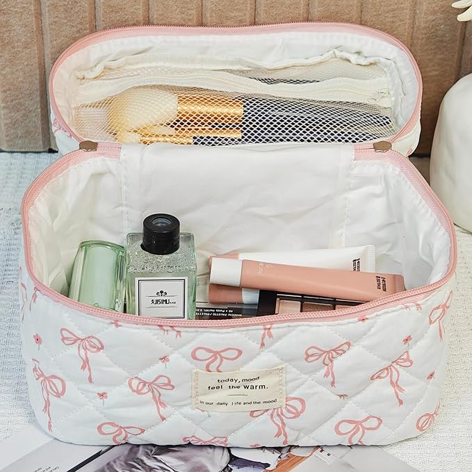 3Pcs Quilted Makeup Bag, Cute Floral Cotton Cosmetic Bag set, Coquette Bow Makeup Pouch Large Travel Toiletry Bag