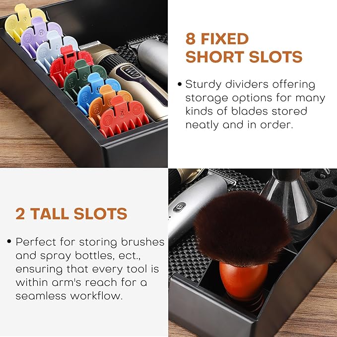 Barber Station Organizer Tray, Barber Clipper Organizer for Trimmers, Razors, Scissors, Combs & Brushes, Multi-Compartments Barbershop Salon Countertop Tray for Hairdressing Tool, Non-slip Mat
