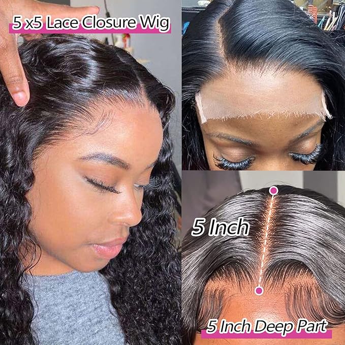 5x5 HD Lace Closure Wigs Human Hair 5x5 Water Wave Closure Wig 180% Density Wet and Wavy Lace Front Wigs Pre Plucked With Baby Hair Glueless Deep Curly Wig 28 Inch