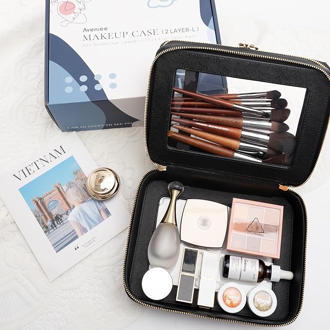 Aveniee Clear Makeup Bags, Double Layer Cosmetic Bags with a Separate Brush Compartment, Travel Toiletry Bag Train Case for Women, Travel Accessories Organizer for Purse(2 Layers Large, Black)