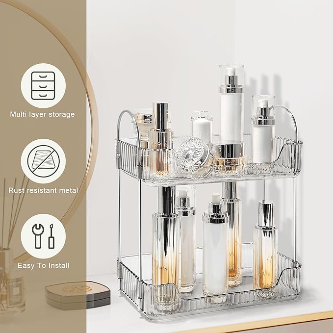 Bathroom Counter Organizer Countertop Storage Skincare Countertop Makeup Organizer Cosmetics Skincare Organizers Holder for Perfume-Grey-Silver Pole
