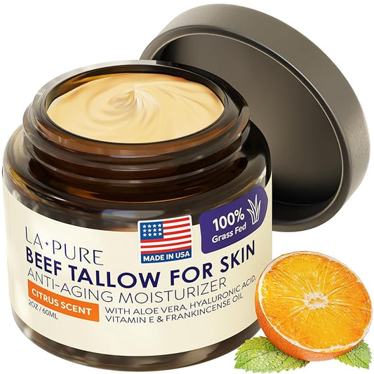 Beef Tallow for Skin, Grass-Fed Tallow Face Cream with Hyaluronic Acid, Aloe Vera & Frankincense, Non-Greasy Anti-Aging Moisturizer, Citrus Scent, 2 oz