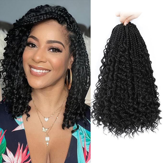 9 Packs Goddess Box Braids Crochet Hair Boho Crochet Box Braids With Curly Ends Crochet Hair For Black Women, 12 Inch Pre Looped Bohemian Crochet Box Braids Hair (12Inch 9 Packs,1B)