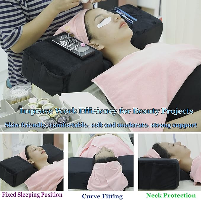Puransen Lash Bed Pillow with Neck & Back Support - Curved Memory Foam Beauty Pillow for Eyelash Extensions & Salon Services, Two Pockets for Tools on The Sides of Removable Velvet Pillowcase (Pink)