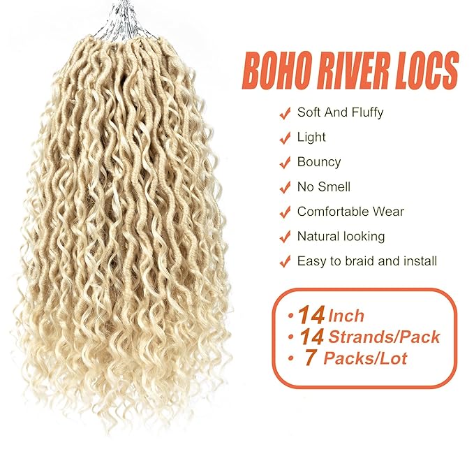 Aipin Goddess Locs Crochet Hair 14 Inch Boho River Locs Hippie Locs Wavy Crochet With Curly Hair In Middle And Ends Braids Hair Extensions (7Packs,14 inch, 613#)