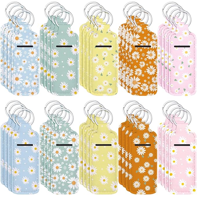 Ctosree 40 Pcs Colorful Daisy Theme Lipstick Holder Keychain Bulk with Portable Clip on Lip Gloss Sleeve Pouch Keychain Daisy Pocket Lip Balm Holder, 10 Pattern