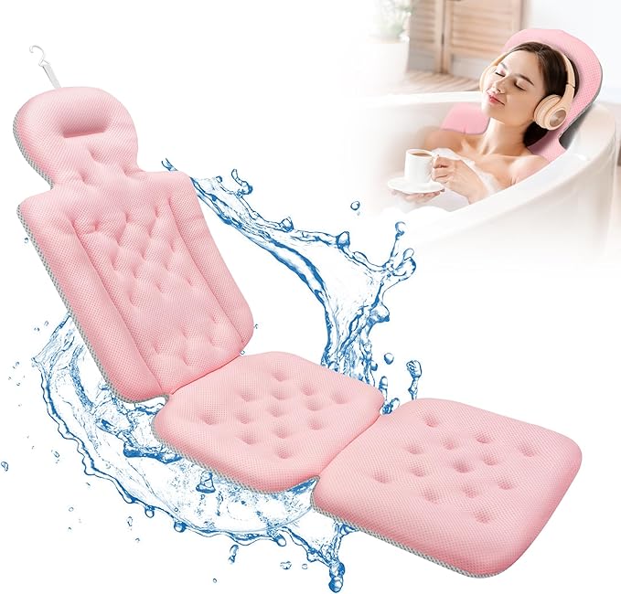 Full Body Bath Pillow, Luxury Bath Cushion with 192 Suction Cups, Bath Pillows for Tub for Head and Neck Support, with Laundry Bag Pink, 51" x 16"