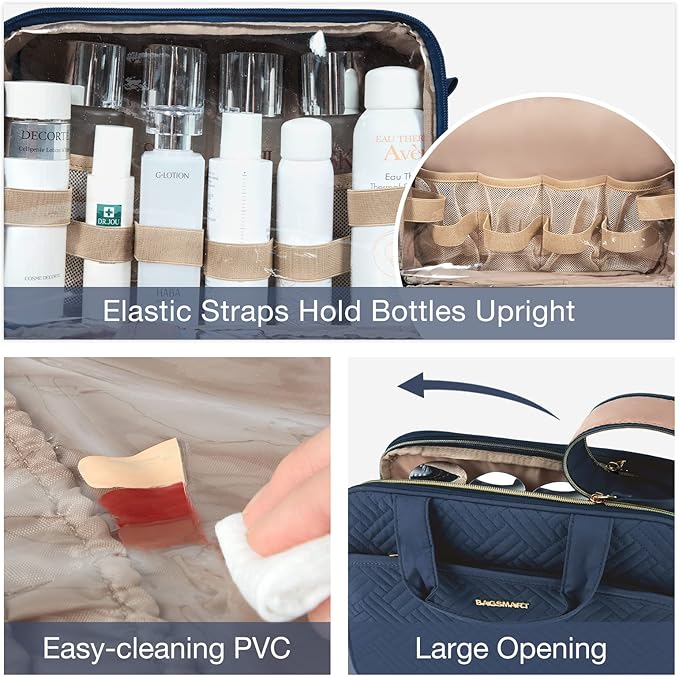 BAGSMART Toiletry Bag for Women, Large Toiletry Bag Water-resistant Makeup Cosmetic Organizer Bag for Accessories, Shampoo, Full Sized Container, Toiletries (Medium, Navy Blue)