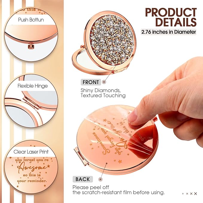 Roowest 20 Pcs Inspirational Compact Mirror Sometimes You Forget You're Awesome Appreciation Gifts for Women Mother's Day Party Favors Magnifying Pocket Mirror (Rose Gold)