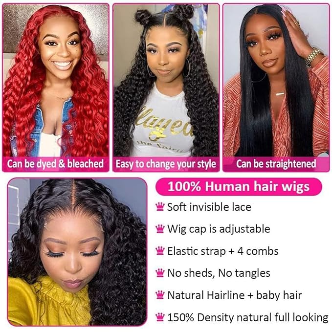 28 Inch 5x5 Lace Front Wigs Human Hair Pre Plucked 150% Density Water Wave Glueless Lace Frontal Wigs Human Hair for Women 5x5 Brazilian Virgin HD Lace Closure Human Hair Wigs with Baby Hair