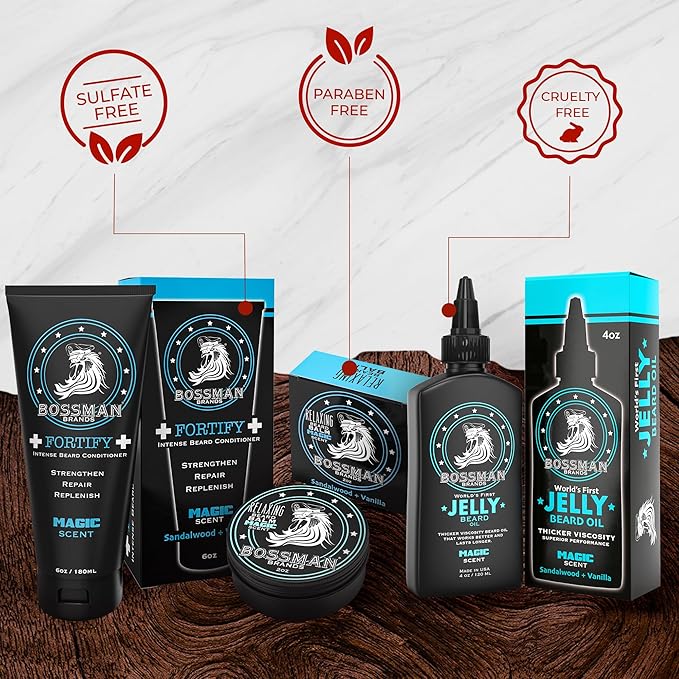 Bossman Essentials Beard Kit for Men - Beard Oil Jelly, Fortifying Conditioner Cream, Beard Balm - Grooming Growth Care Accessories (Magic)