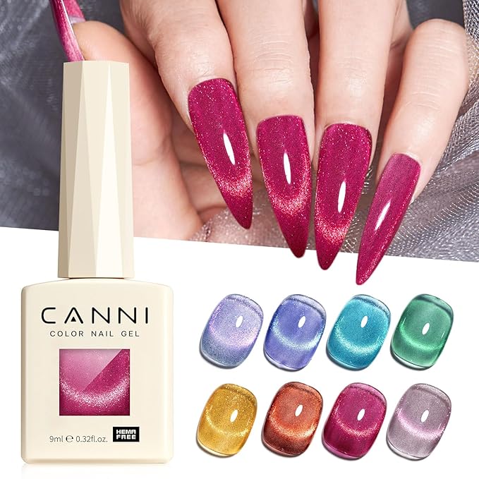 CANNI 8 Pcs 9 ML Cat Eye Gel Nail Polish Set, Red Pink Blue Green Yellow Glitter Rainbow Holographic Cat Eye Gel Polish Kit with Magnet Shimmer Colors Nail Art Manicure Salon DIY Gifts
