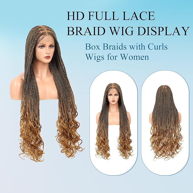 360° HD Full Lace Knotless Braided Wigs for Women Box Braid Wig with Curly End Braided Lace Front Wigs Hair Human Hair Blended Braid Wig with Baby Hair Light Brown 36Inch
