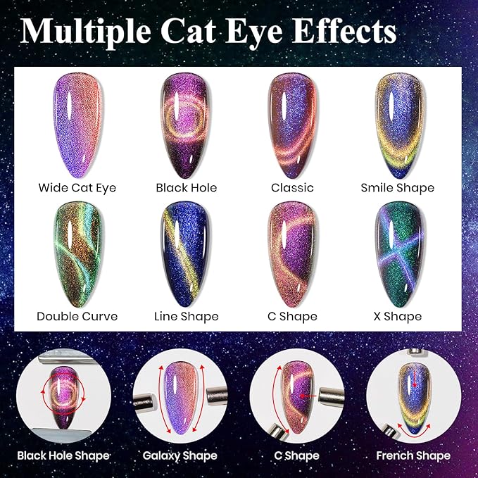 MIZHSE 9D Cat Eye Gel Nail Polish Set, Magnetic Gel Polish 10ml 6 Colors with 2 Magnet Sticks, Chameleon Galaxy Shiny Magic Effect Cateye Nail Polish Soak off Nail Art Gift for Women