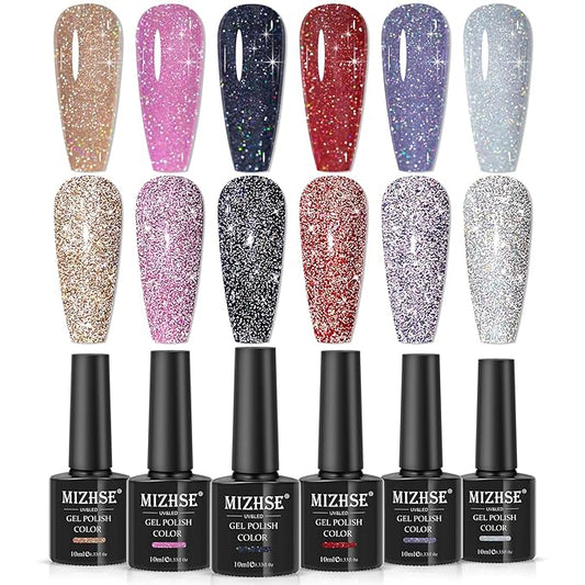 MIZHSE Reflective Glitter Gel Nail Polish, Holographic Glitter Gel Polish Set Sparkly Shiny Bling Nail Gel Soak Off UV/LED Gel Nail Art Manicure Kit