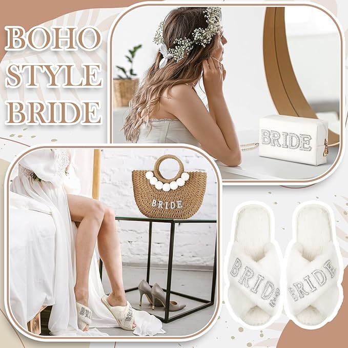 4 Pcs Bridal Shower Gift Set Include Handwoven Wedding Straw Purse Makeup Cosmetic Tote Bag Beach Bride Sunglasses Cross Band Women Slippers for Bridal Shower Bachelorette Party(Bride)