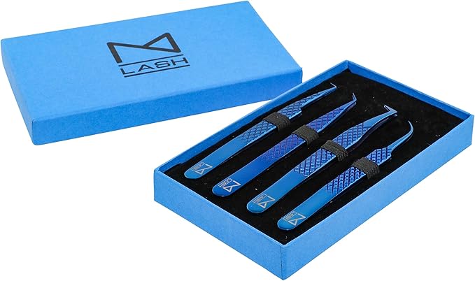 M LASH Tweezers for Eyelash Extensions (Set of 4) - Professional Lash Extension Tweezers - Fiber Tip, Japanese Steel, Diamond Grip Eyelash Extension Tweezer (Blue)