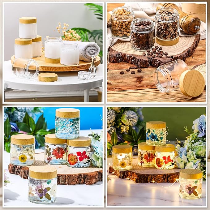 Norme 12 Pcs Glass Jars with Lids Empty Small Glass Containers and Inner Liners Reusable Cosmetic Jars Round Airtight Bottles with Plastic Woodgrain Lids for Travel (4oz)