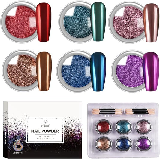 6 Color Set 0.5g/Jar Chrome Nail Powder Rubbing Mirror Pigment Dust for Manicure Nail Art Decoration Red Blue Bronze Rose Gold Cyan Purple Metallic Glitter (TA 6 Pcs Set-04)